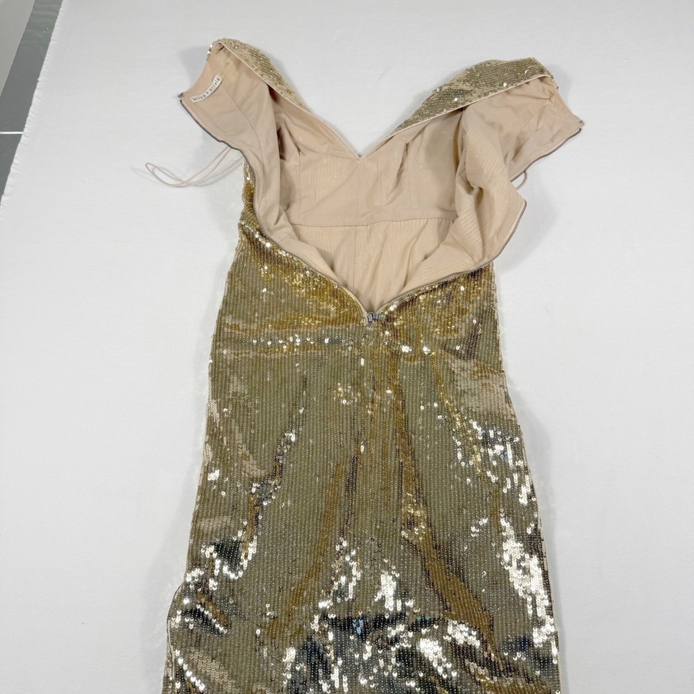 Alice + Olivia Sequin Maxi Dress Gold V-Neck Slit Gala Sparkle Glam Statement - Picture 9 of 16